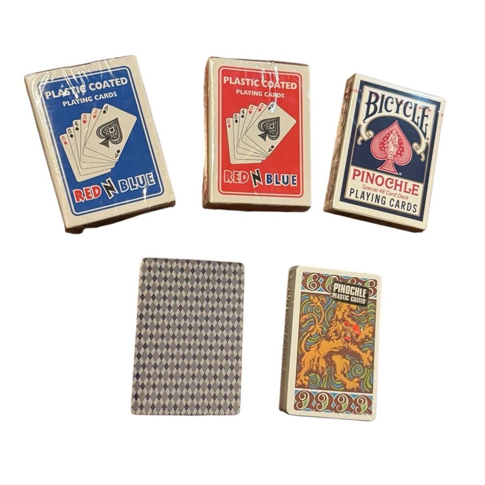 Vintage Pinochle Playing Cards Lot 5 Sealed Bicycle Red Blue Plastic Coated